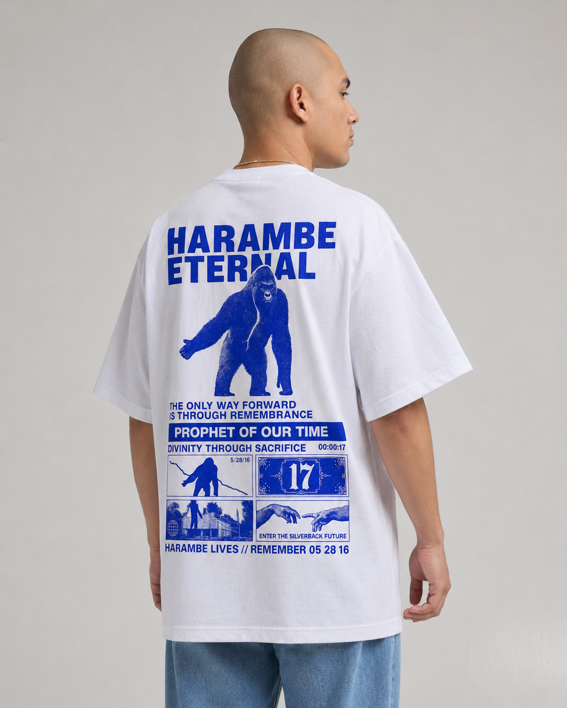 Harambe Eternal Tee back, full riso-print Harambe Eternal manifesto graphic